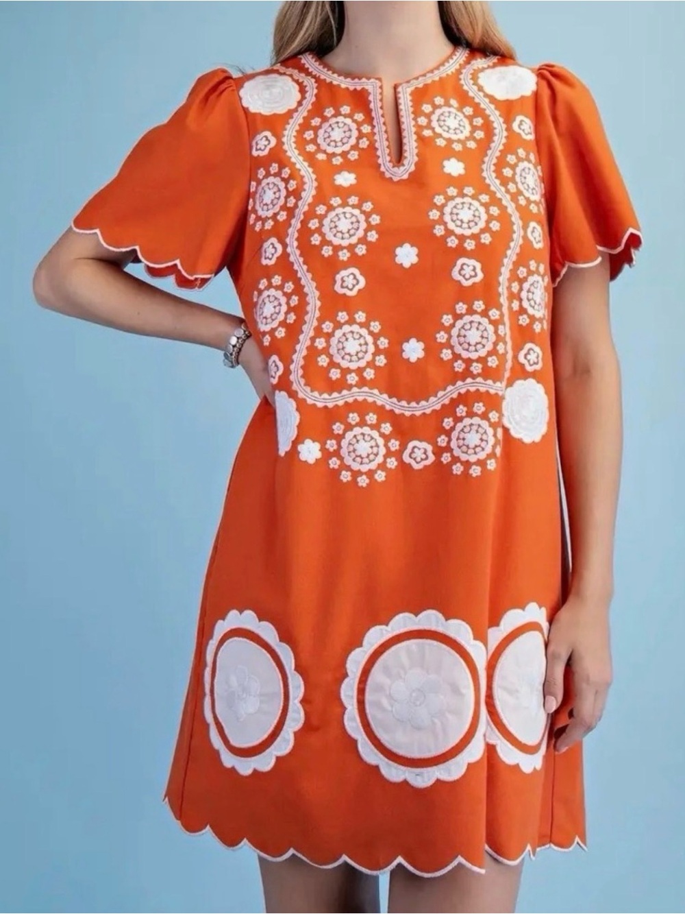 🧡Excellent! NIB Embroidered Linen Scallop Summer Shifts Tangerine Tuckernuck S M